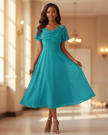 Chiffonkleid Teal Midi mit Rueschen - Ansicht 1