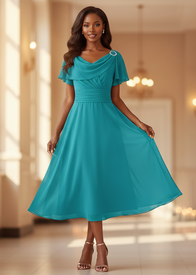 Chiffonkleid Teal Midi mit Rueschen - Ansicht 1