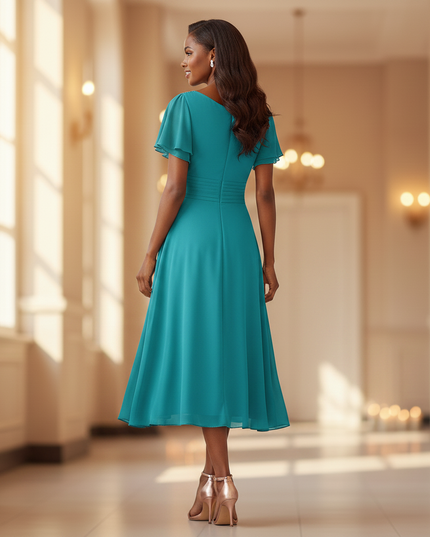 Chiffonkleid Teal Midi mit Rueschen - Ansicht 2