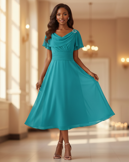 Chiffonkleid Teal Midi mit Rueschen - Ansicht 3