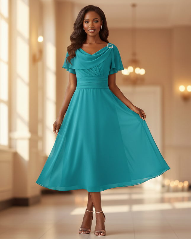Chiffonkleid Teal Midi mit Rueschen - Ansicht 3