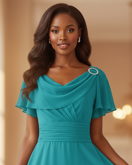 Chiffonkleid Teal Midi mit Rueschen - Ansicht 4