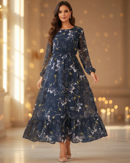 Chiffon Kleid Dunkelblau Blumen Langarm Maxi - Ansicht 1