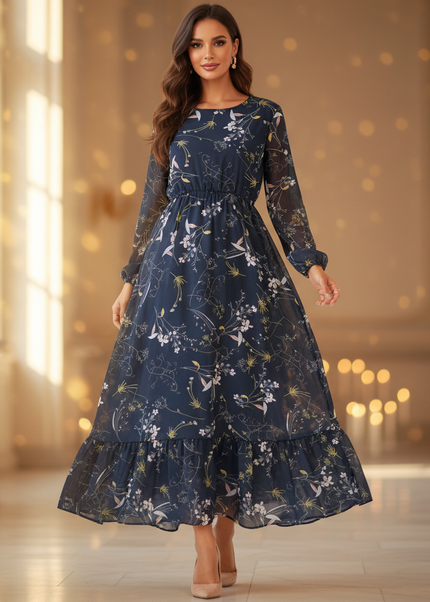 Chiffon Kleid Dunkelblau Blumen Langarm Maxi - Ansicht 1