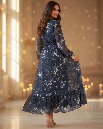 Chiffon Kleid Dunkelblau Blumen Langarm Maxi - Ansicht 2