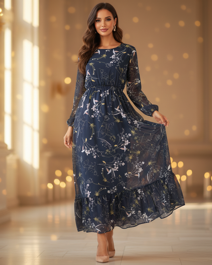 Chiffon Kleid Dunkelblau Blumen Langarm Maxi - Ansicht 3