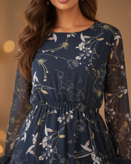 Chiffon Kleid Dunkelblau Blumen Langarm Maxi - Ansicht 4