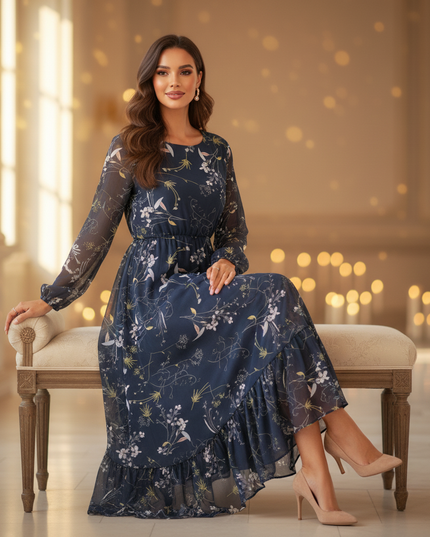 Chiffon Kleid Dunkelblau Blumen Langarm Maxi - Ansicht 5