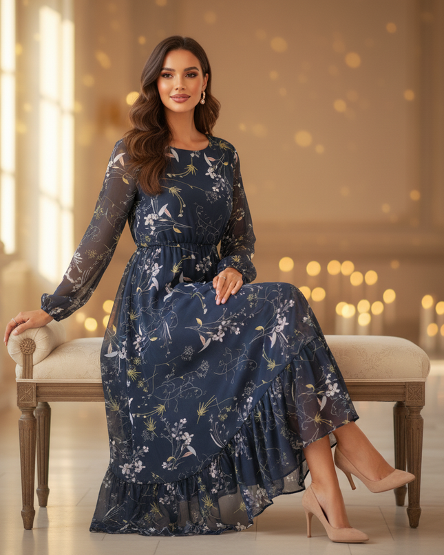 Chiffon Kleid Dunkelblau Blumen Langarm Maxi - Ansicht 5