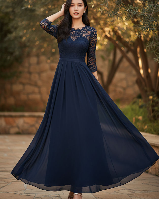 Dunkelblaues Chiffonkleid mit Spitze - Ansicht 1