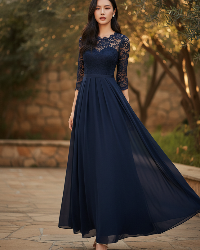 Dunkelblaues Chiffonkleid mit Spitze - Ansicht 3