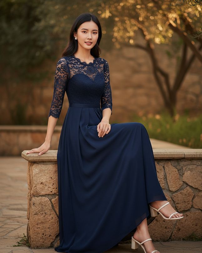 Dunkelblaues Chiffonkleid mit Spitze - Ansicht 5