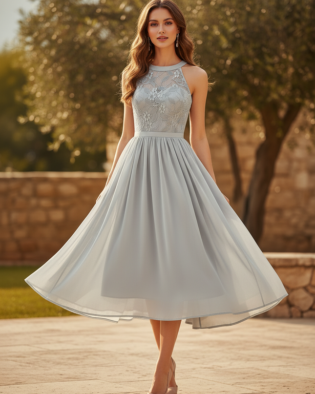 Graues Chiffonkleid mit feiner Spitze - Ansicht 3