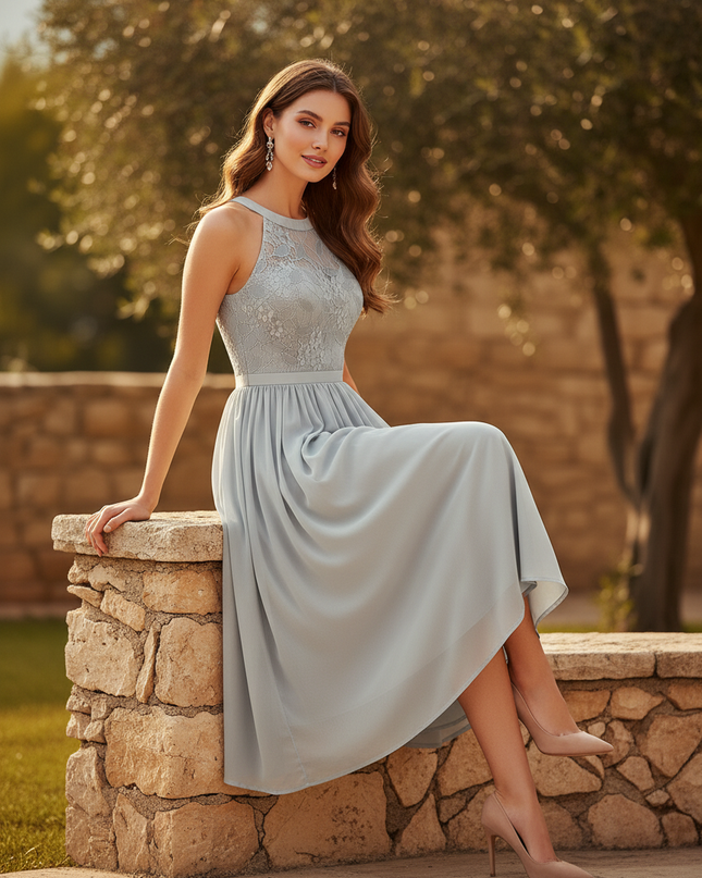 Graues Chiffonkleid mit feiner Spitze - Ansicht 5