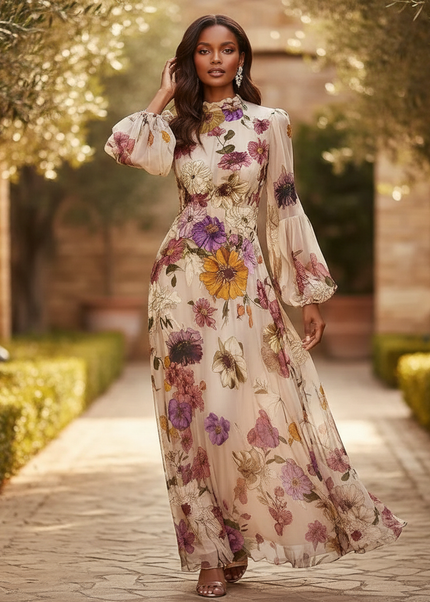 Beiges Chiffonkleid mit Blumenprint - Ansicht 1