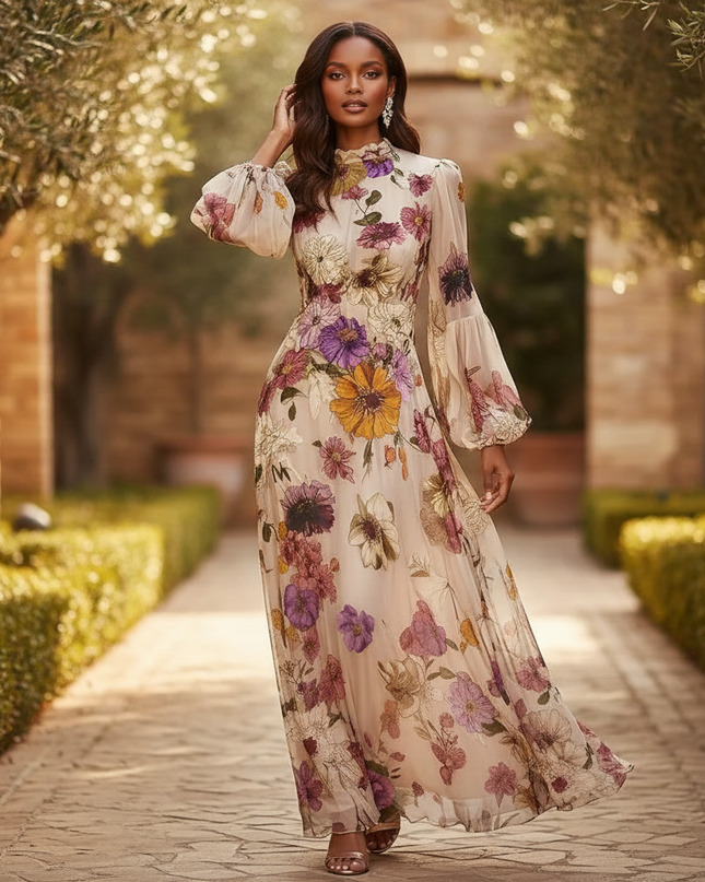 Beiges Chiffonkleid mit Blumenprint - Ansicht 1