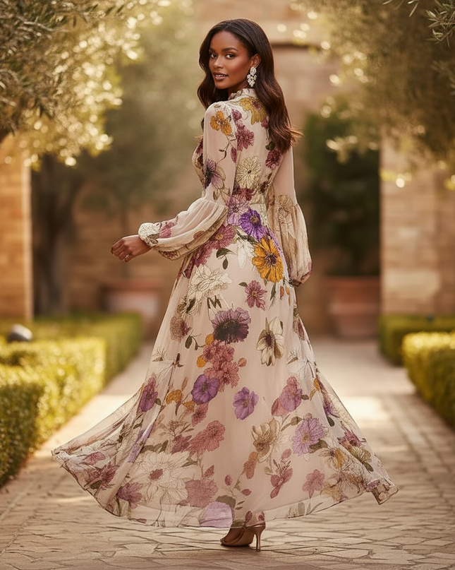 Beiges Chiffonkleid mit Blumenprint - Ansicht 2