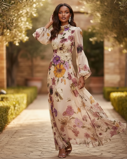 Beiges Chiffonkleid mit Blumenprint - Ansicht 3