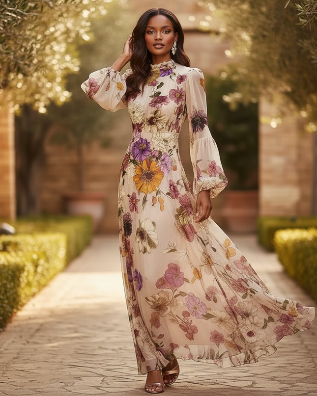 Beiges Chiffonkleid mit Blumenprint - Ansicht 3