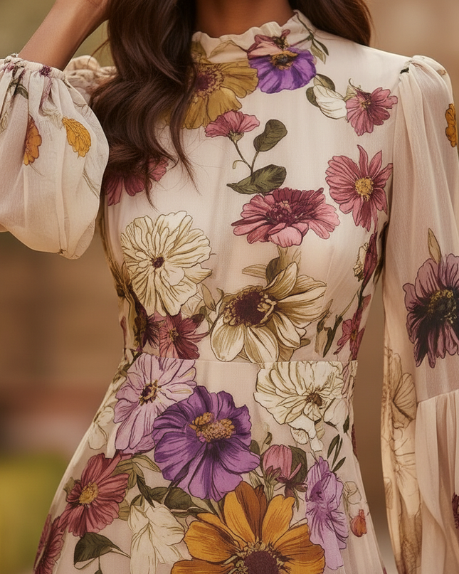Beiges Chiffonkleid mit Blumenprint - Ansicht 4