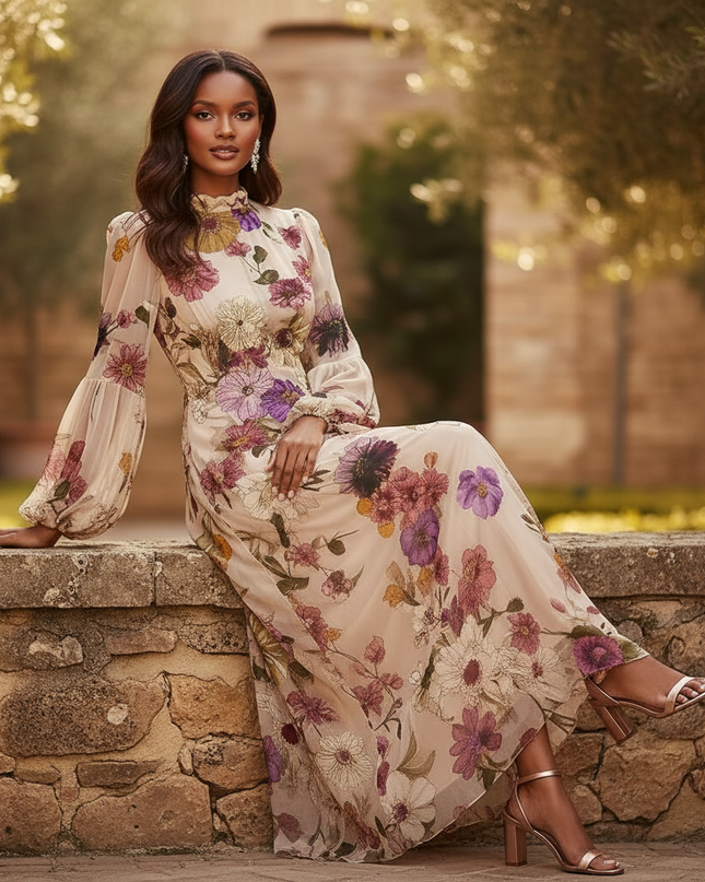 Beiges Chiffonkleid mit Blumenprint - Ansicht 5