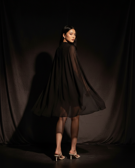 Schwarzes Chiffonkleid kurz mit Cape - Ansicht 2