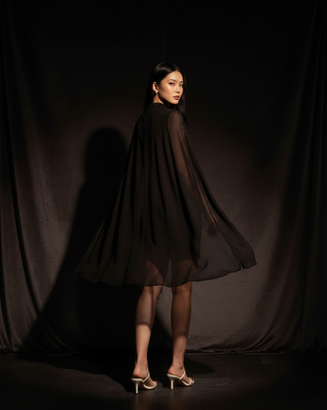 Schwarzes Chiffonkleid kurz mit Cape - Ansicht 2