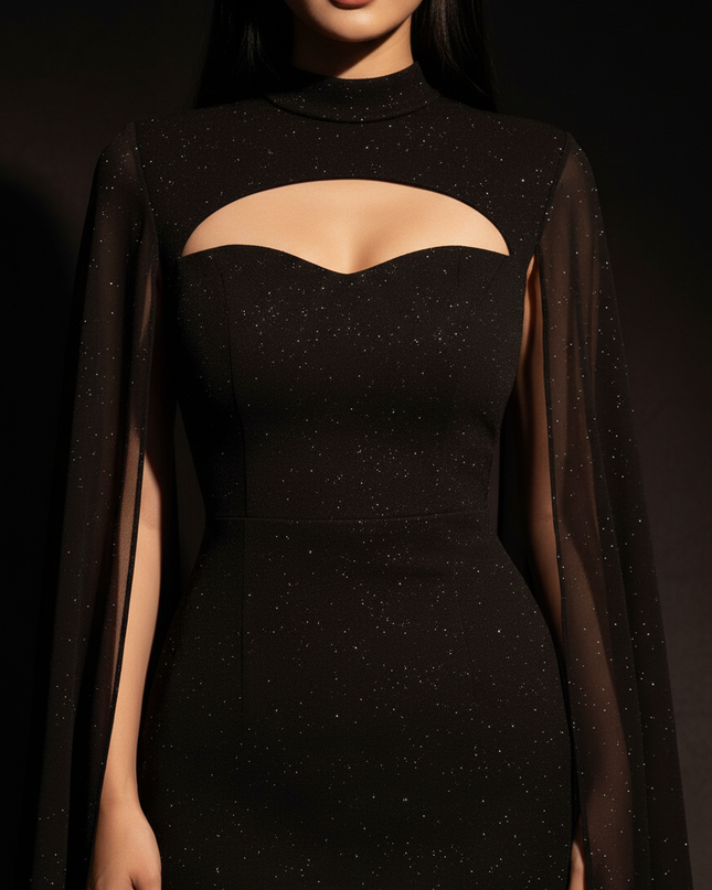 Schwarzes Chiffonkleid kurz mit Cape - Ansicht 4
