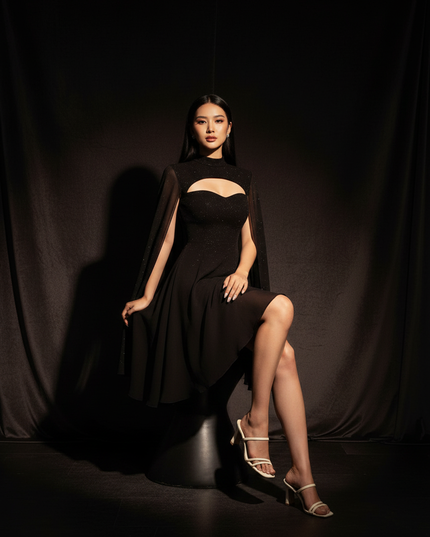 Schwarzes Chiffonkleid kurz mit Cape - Ansicht 5