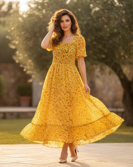 Gelbes Chiffonkleid mit Blumenmuster - Ansicht 1