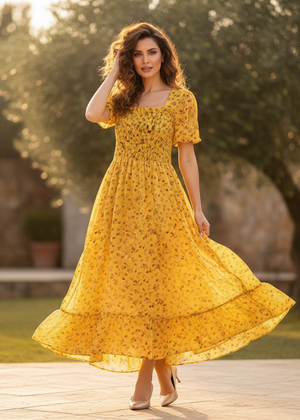 Gelbes Chiffonkleid mit Blumenmuster - Ansicht 1