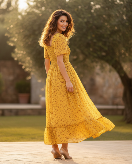 Gelbes Chiffonkleid mit Blumenmuster - Ansicht 2