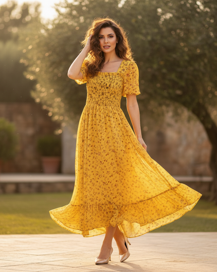 Gelbes Chiffonkleid mit Blumenmuster - Ansicht 3