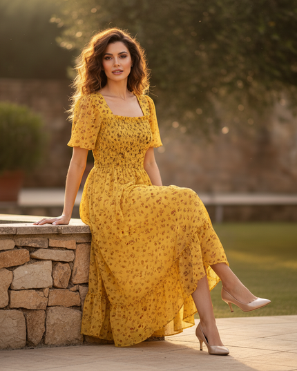 Gelbes Chiffonkleid mit Blumenmuster - Ansicht 5