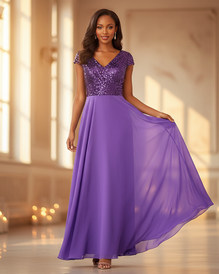 Festliches langes Chiffonkleid in Lila - Ansicht 1