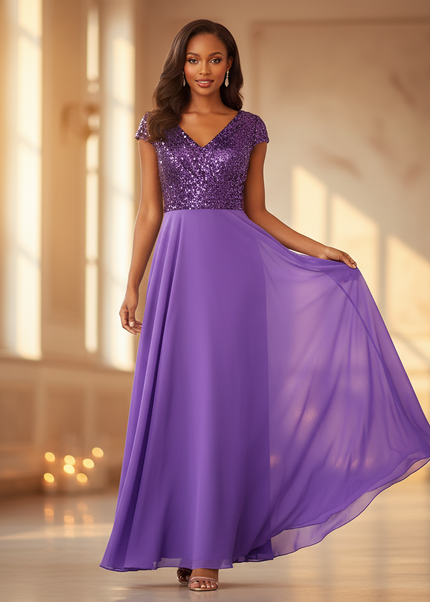 Festliches langes Chiffonkleid in Lila - Ansicht 1