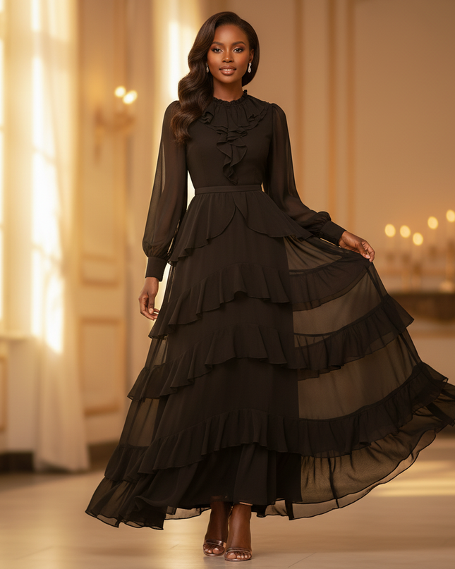Schwarzes Chiffonkleid mit Puff-Aermeln - Ansicht 1