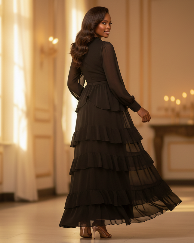 Schwarzes Chiffonkleid mit Puff-Aermeln - Ansicht 2