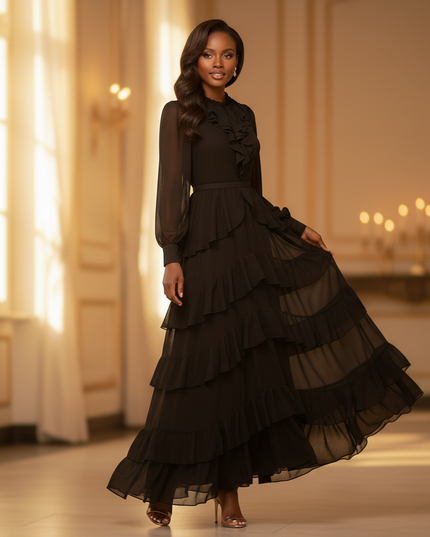 Schwarzes Chiffonkleid mit Puff-Aermeln - Ansicht 3
