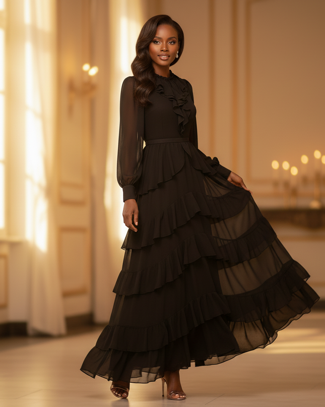 Schwarzes Chiffonkleid mit Puff-Aermeln - Ansicht 3