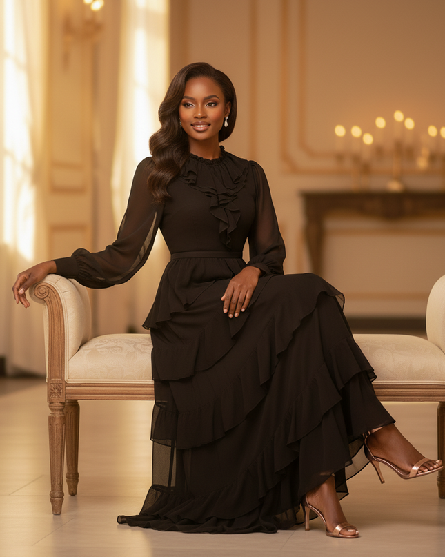 Schwarzes Chiffonkleid mit Puff-Aermeln - Ansicht 5