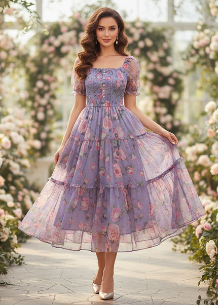 Lilafarbenes Chiffon-Midikleid - Ansicht 1