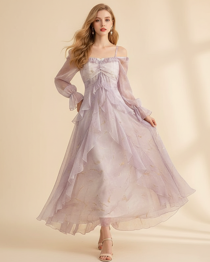 Langes lila Chiffonkleid mit Ruestchen - Ansicht 1