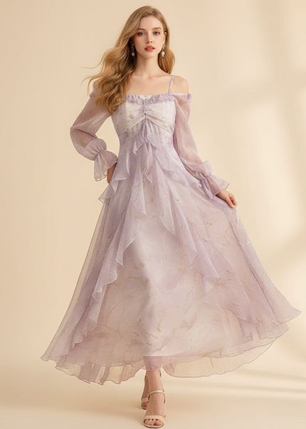 Langes lila Chiffonkleid mit Ruestchen - Ansicht 1