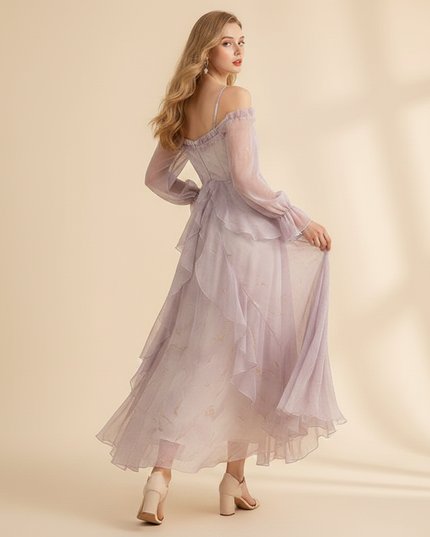 Langes lila Chiffonkleid mit Ruestchen - Ansicht 2