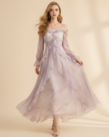 Langes lila Chiffonkleid mit Ruestchen - Ansicht 3