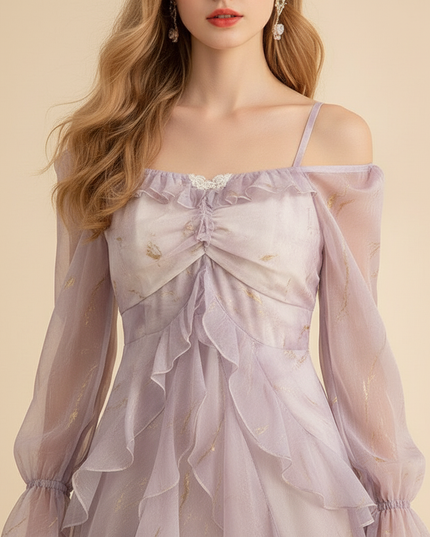 Langes lila Chiffonkleid mit Ruestchen - Ansicht 4