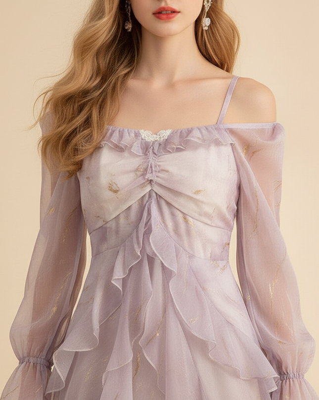 Langes lila Chiffonkleid mit Ruestchen - Ansicht 4