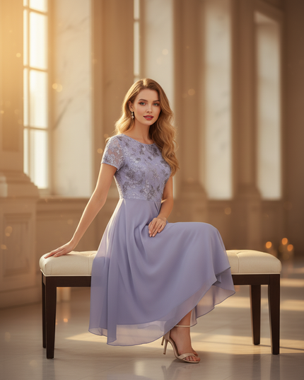 Chiffonkleid Hellblau Midi A-Linie - Ansicht 5