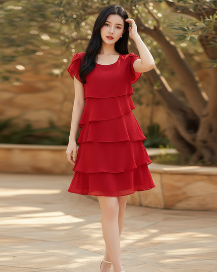 Rotes Partykleid mit Stufenruschen Mini - Ansicht 1